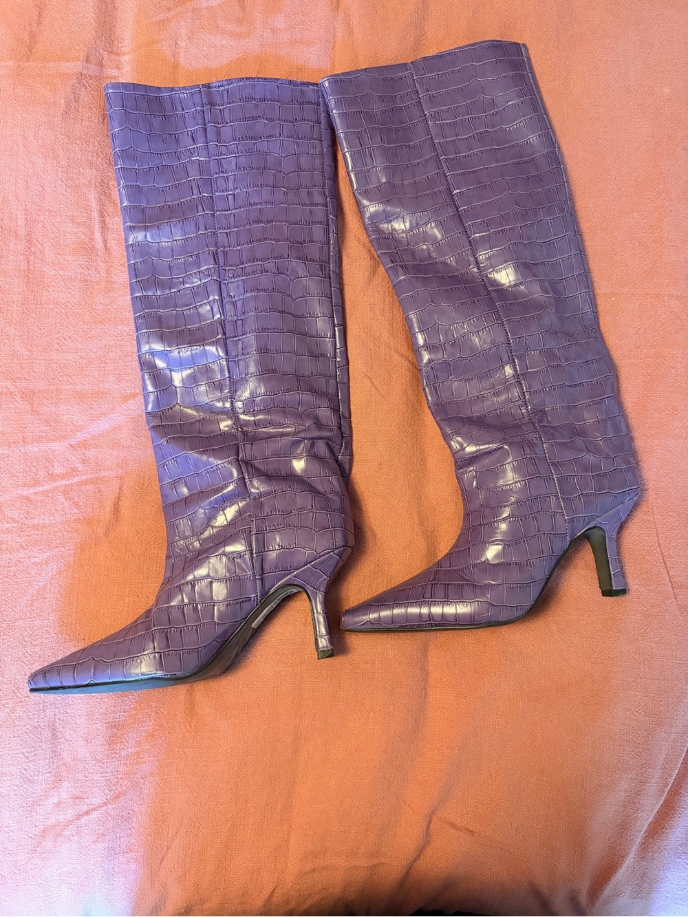 Women's ASOS Purple Croc-Embossed Pointed-Toe Knee High Boots